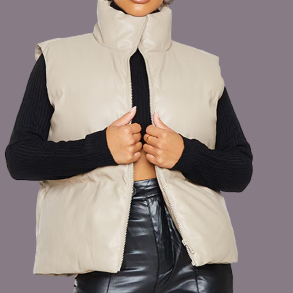 Pretty Little Things stone color faux leather puffer vest. Women’s large, Tall